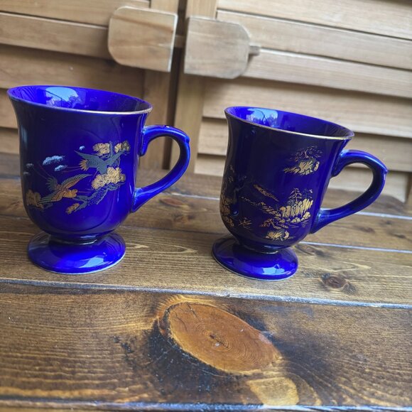 Vintage YC China Japan Cobalt Blue & Gold Footed Mugs – Made in Japan (Set of 2) - Picture 1 of 8